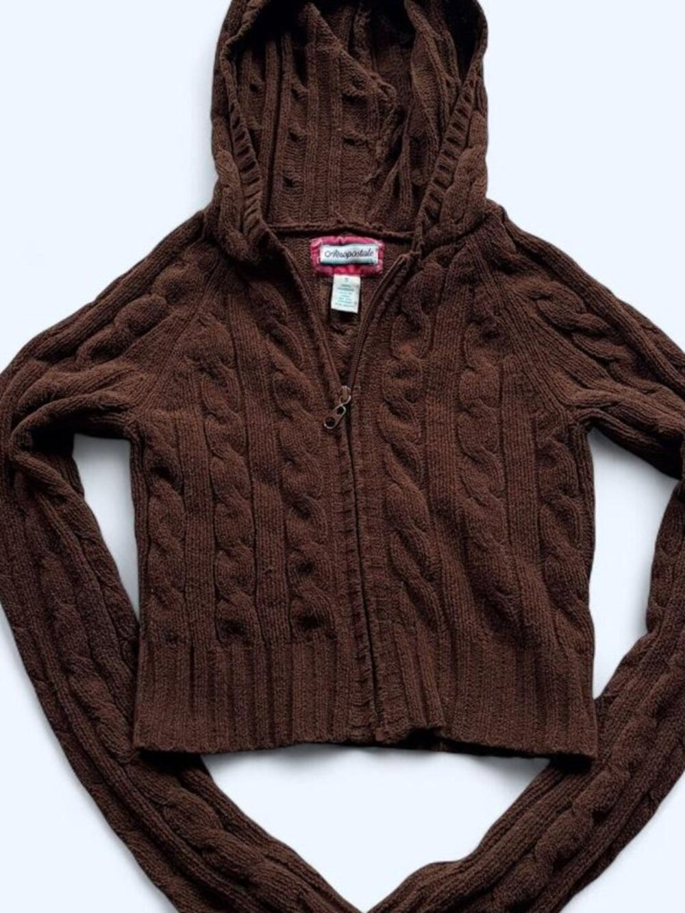 Vintage Y2K Aéropostale chocolate brown cable knit cropped zip-up hoodie S